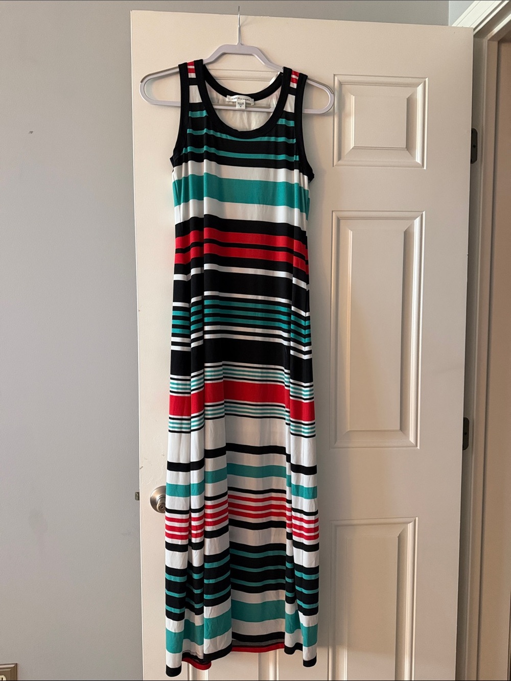Karen Kane Black, White, Teal & Red Striped Maxi Dress
